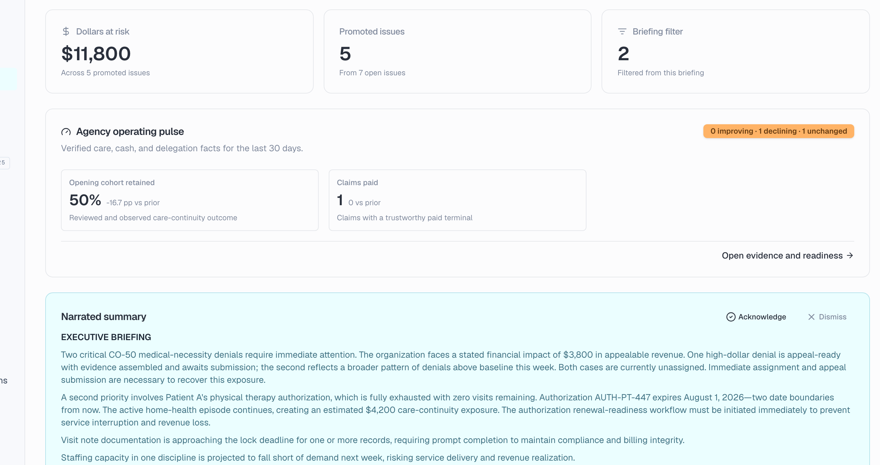 The Issues briefing in Braes, showing $13,000 at risk across seven open issues, the agency operating pulse, and the narrated summary beneath it.