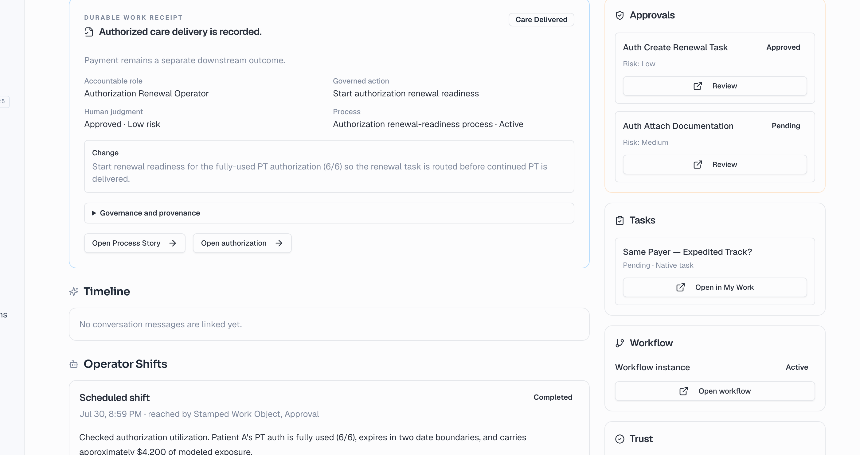 The Authorization Renewal Operator's personnel file, showing employment status, the lane it works, and an audited ledger of its recent actions.